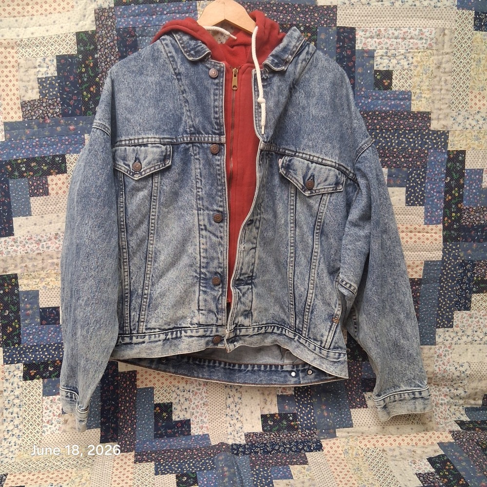 Vintage Levi's Denim Jacket Red Hood Hoodie Trucker Acid Wash 80s Large
